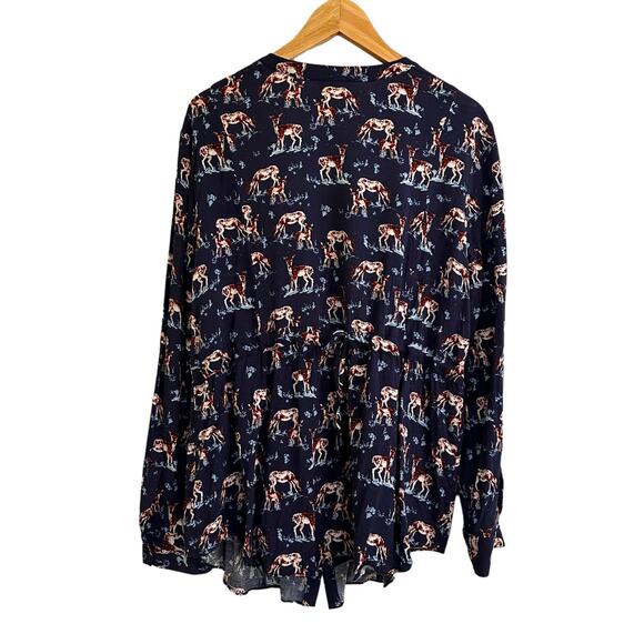 Modcloth Trusty Travel Deer Print Button Down Back Peplum Shirt V-neck XL Blue - Picture 3 of 9